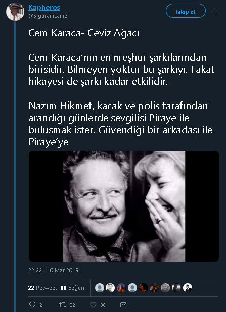 Nazım Hikmet'in Ceviz Ağacı şiirini Gülhane Parkında Piraye Hanım için yazdığını öne süren paylaşım