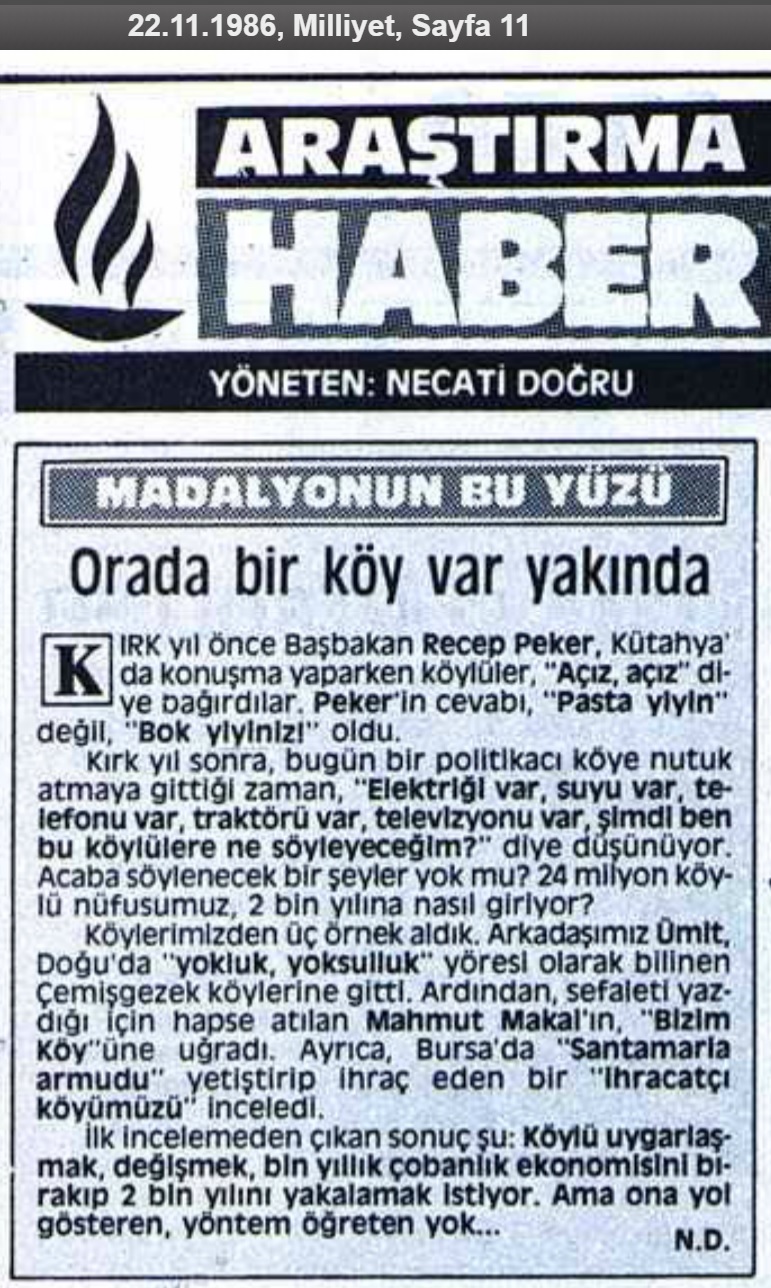 Necati Doğru'nun Milliyet Gazetesinde 22 Kasım 1986 tarihinde yayınlanan köşe yazısı