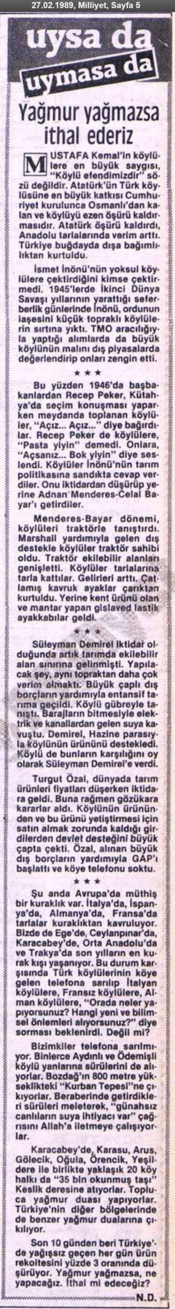 Necati Doğru'nun Milliyet Gazetesinde 27 Şubat 1989 tarihinde yayınlanan Recep Peker'in "ekmek yoksa b.k yiyin" dediğini öne sürdüğü köşe yazısı