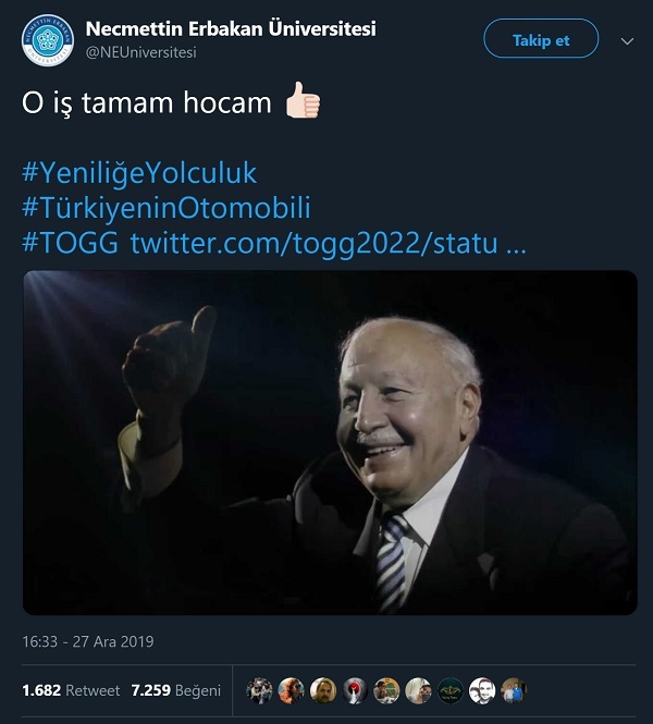 Necmettin Erbakan Üniversitesi'nin Devrim Arabalarını Erbakan'ın ürettiğini ima ettiği "O iş tamam hocam" mesajlı tweeti