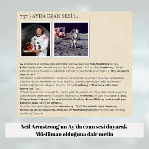 Neil Armstrong'un uzayda / Ay'da ezan sesi duymasının akabinde Müslüman olduğu iddiasını içeren metin