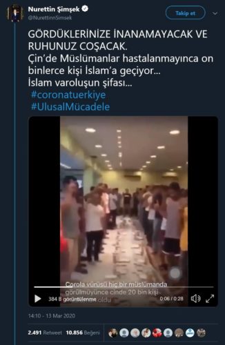 Milat Gazetesinden Nurettin Şimşek'in videonun koronavirüs salgını sonrası ihtida eden Çinlilere olduğuna dair hatalı iddiayı aktardığı paylaşımı