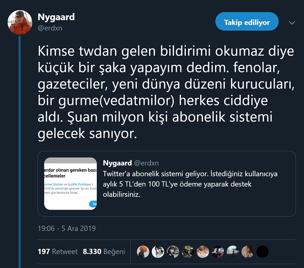 Twitter'a abonelik sisteminin geleceğini öne süren ilk paylaşımı yapan profilin, gerçekleştirdiği trolleme eylemi ile ilgili açıklaması