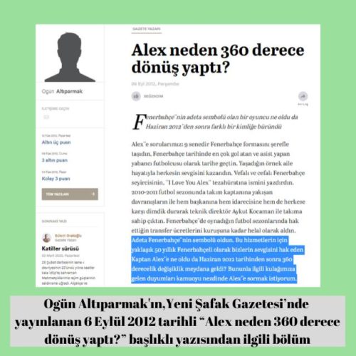 Ogün Altıparmak'ın Yeni Şafak'taki 6 Eylül 2012 tarihli "Alex neden 360 derece dönüş yaptı?" başlıklı yazısı