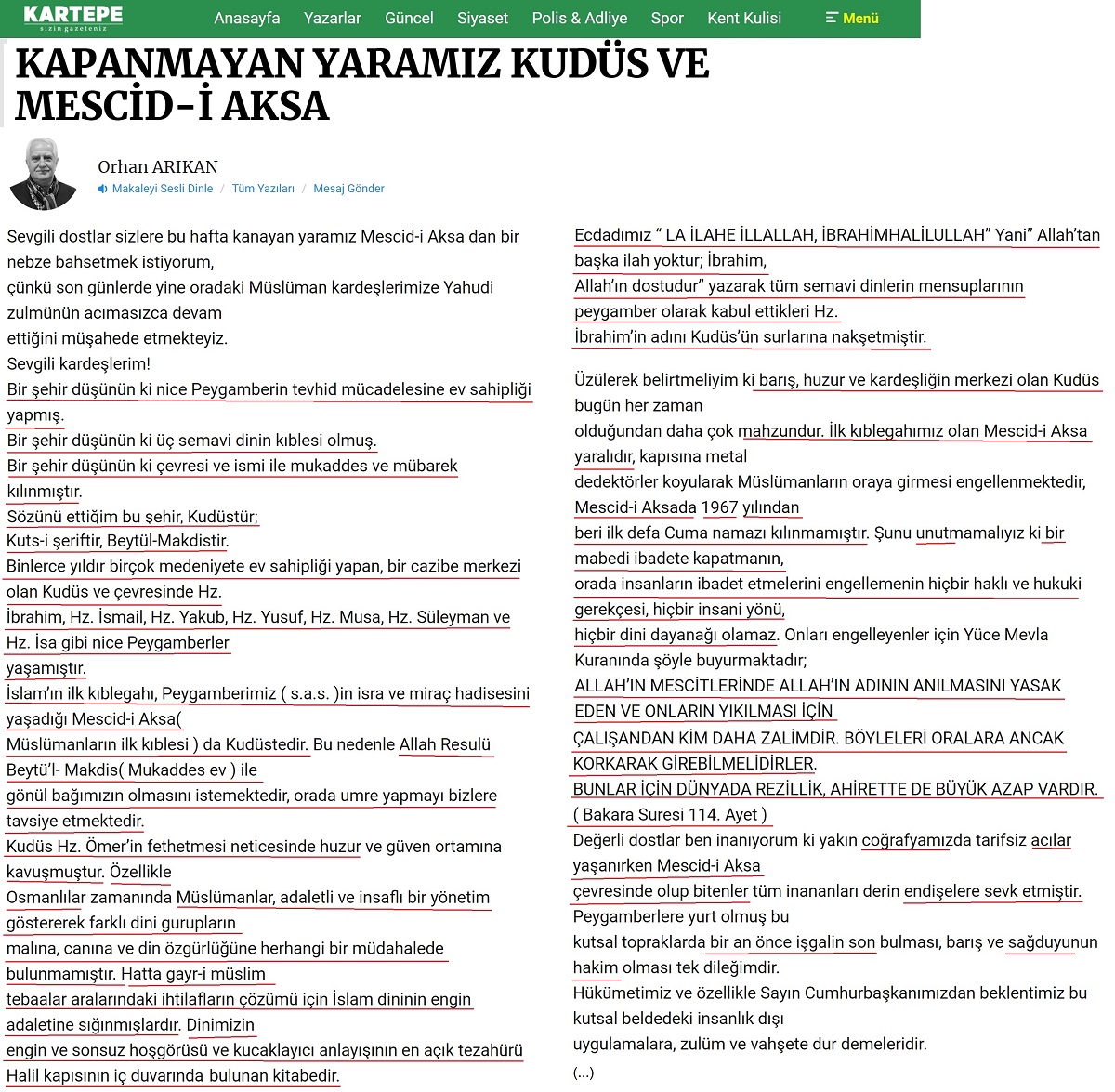 Orhan Arıkan'ın Kartepe Gazetesindeki "Kapanmayan Yaramız Kudüs ve Mescid-i Aksa" başlıklı 24 Temmuz 2017 tarihli yazısı