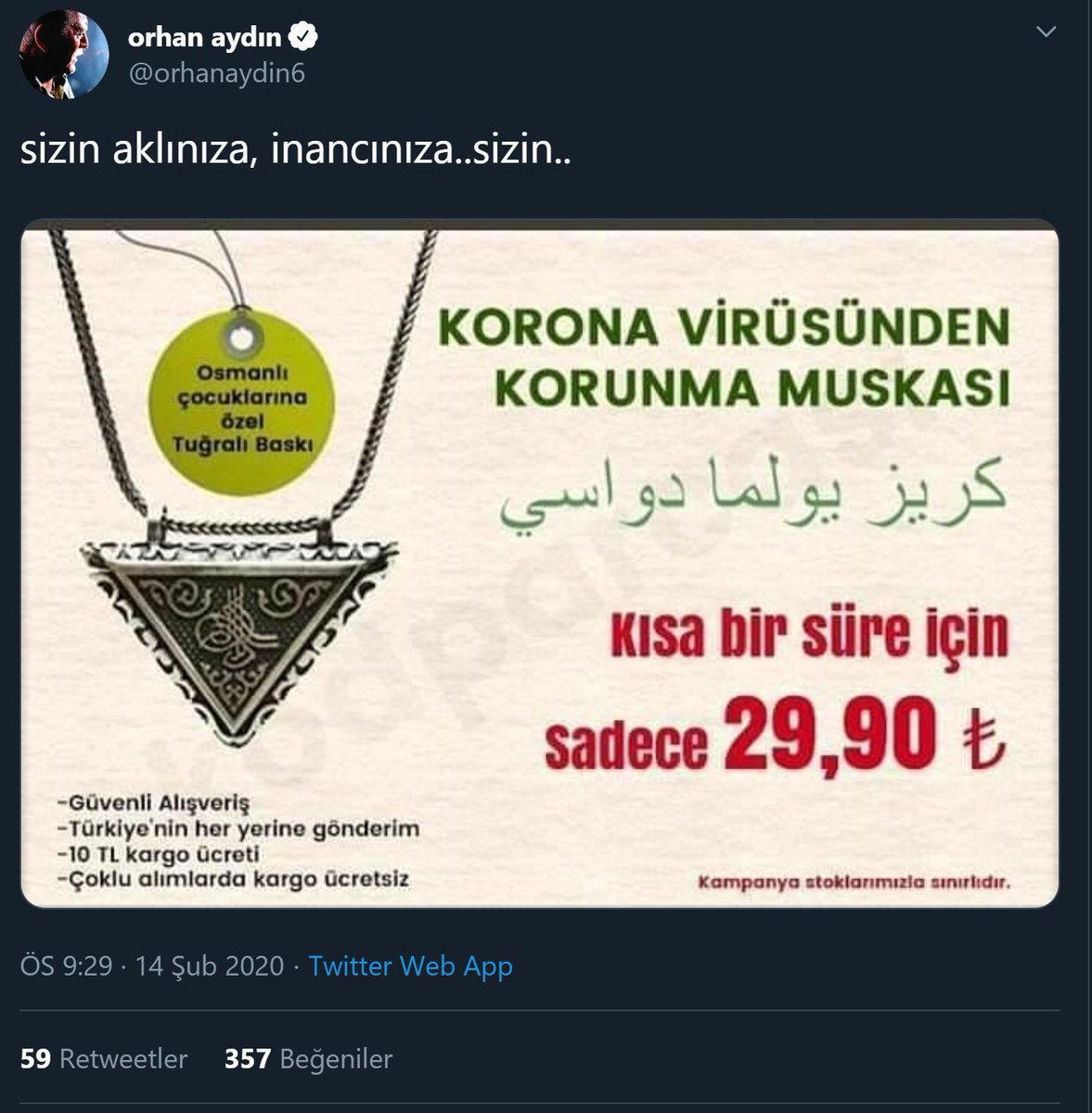 Orhan Aydın'ın hiciv maksadıyla uydurulmuş asılsız korona virüs muskası satış ilanını gerçek sandığı paylaşımı