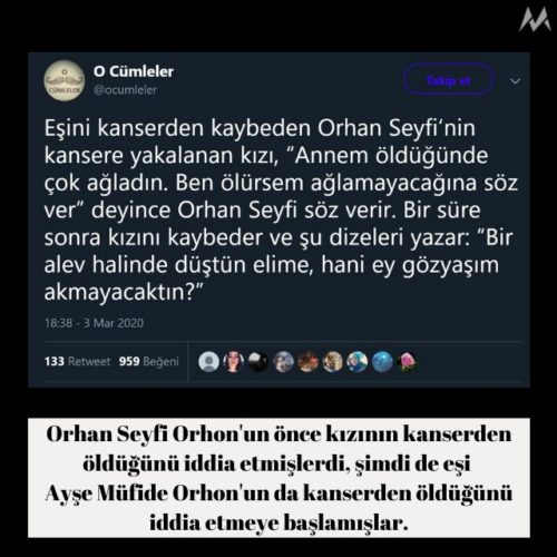 Orhan Seyfi Orhon'un eşinin de kanserden vefat ettiğini öne süren paylaşım