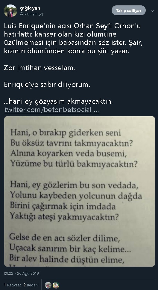 Orhan Seyfi Orhon'un vefa şiirini kanser olan kızının ölümünden sonra yazdığını iddia eden bir sosyal medya paylaşımı