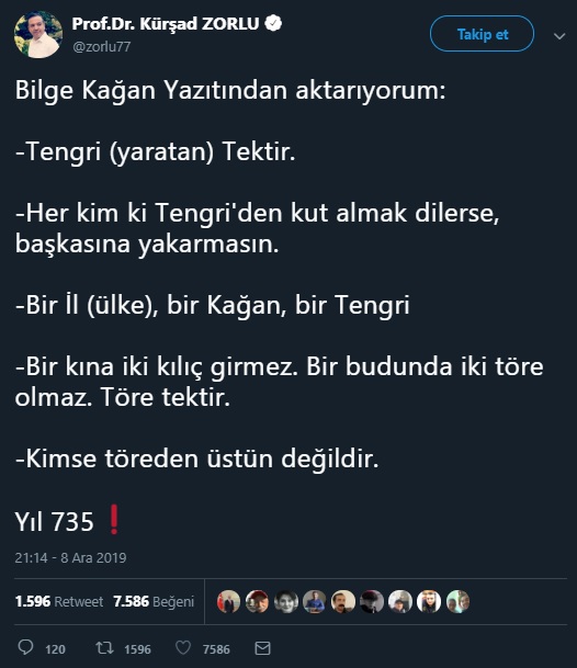 "Tengri Tektir" ve "Kimse Töreden Üstün Değildir" sözünün Orhun Kitabelerindeki Bilge Kağan yazıtında geçtiğini öne süren paylaşım