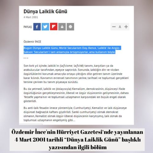 Özdemir İnce'nin 2001 yılında yayınlanan 4 Mart'ın Dünya Laiklik Günü olduğu iddiasını içeren köşe yazısı