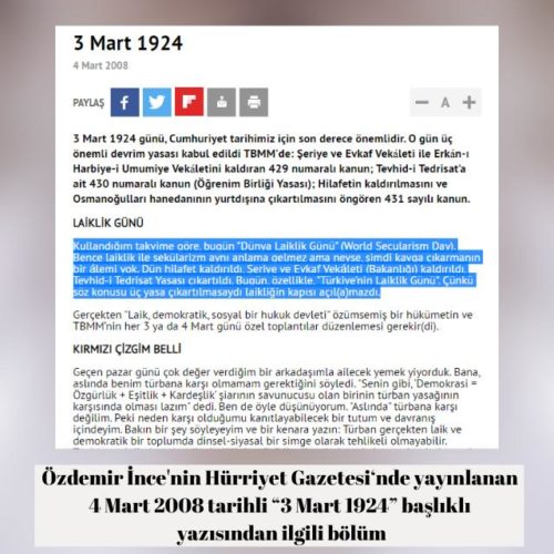 Özdemir İnce'nin 2008 yılında yayınlanan 4 Mart'ın Dünya Laiklik Günü olduğu iddiasını içeren köşe yazısı