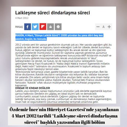 Özdemir İnce'nin 2012 yılında yayınlanan 4 Mart'ın Dünya Laiklik Günü olduğu iddiasını içeren köşe yazısı