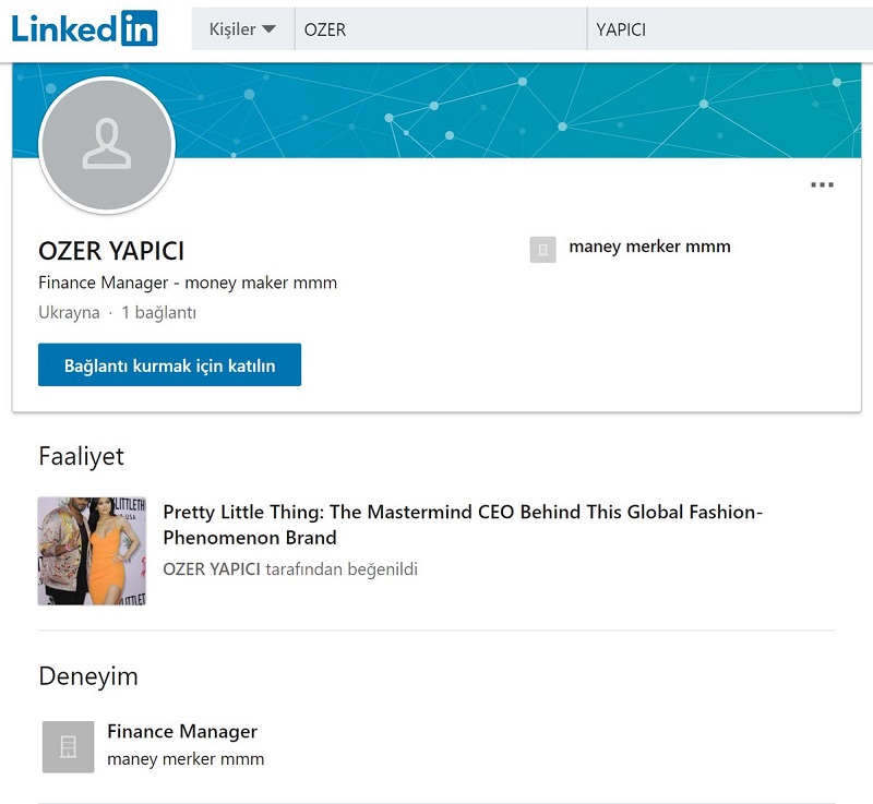 Money Maker Management'ın protokol sorumlusu olduğu belirtilen Özer Yapıcı'nın LinkedIn profili