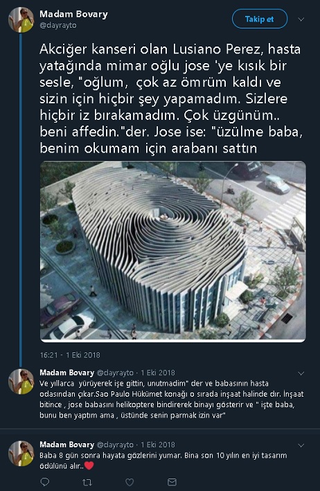 Kanser olan babasının parmak izi şeklinde bina tasarlayan mimar hikayesini paylaşan tweetler