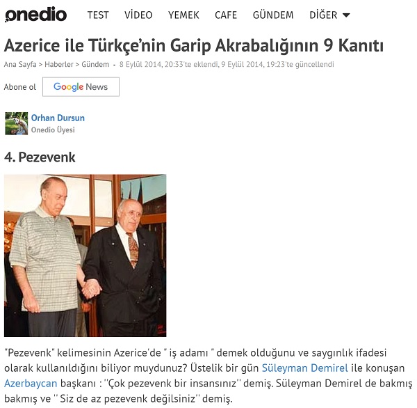 Süleyman Demirel ve Haydar Aliyev arasında geçen "pezevenk" kelimesi odaklı anlatıyı aktaran Onedio metni