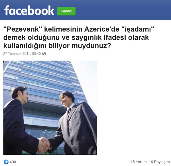 Pezevenk sözcüğünün Azericede iş adamı anlamına sahip olduğunu öne süren paylaşım