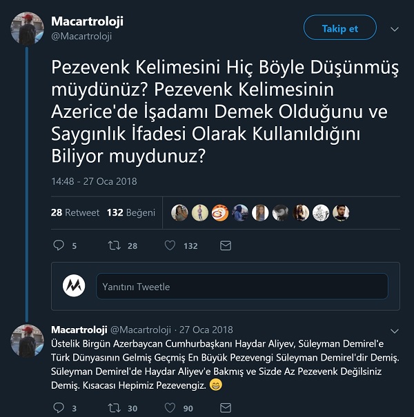 Pezevenk sözcüğünün Azericede iş adamı anlamına sahip olduğunu öne süren paylaşım