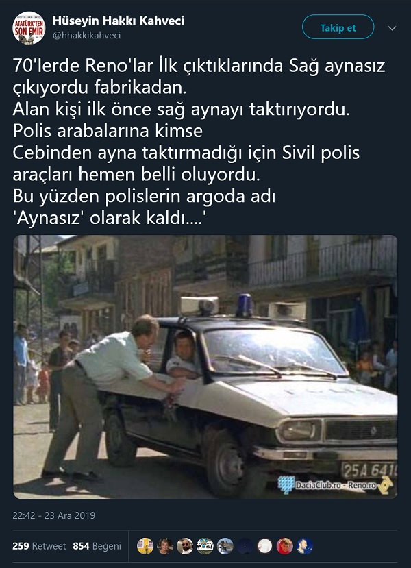 Polis otolarında sağ ayna eksikliği nedeniyle polislere argoda aynasız denilmeye başlandığını öne süren paylaşım