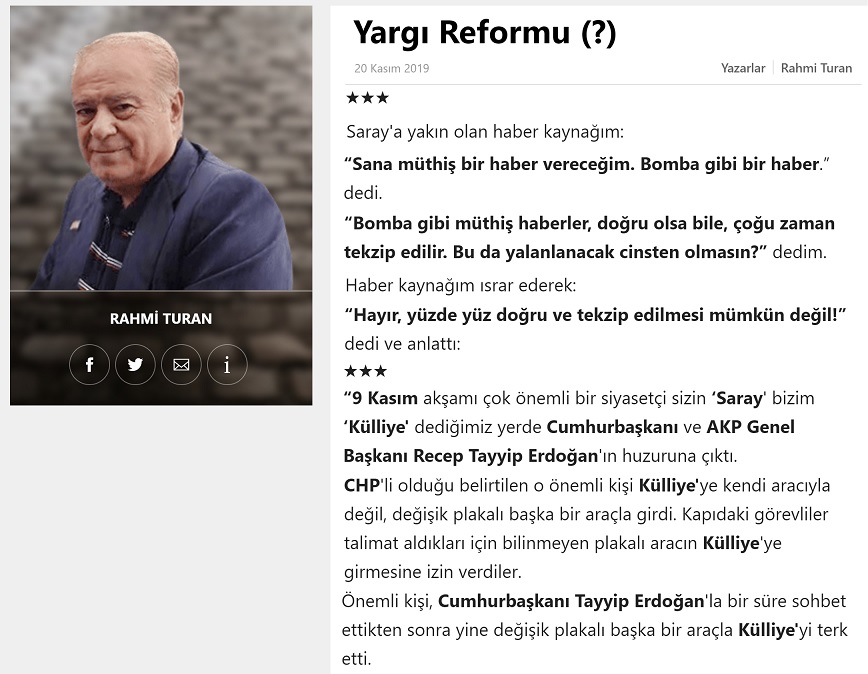 Rahmi Turan'ın Sözcü Gazetesindeki “Yargı Reformu (?)” başlıklı 20 Kasım 2019 tarihli yazısı