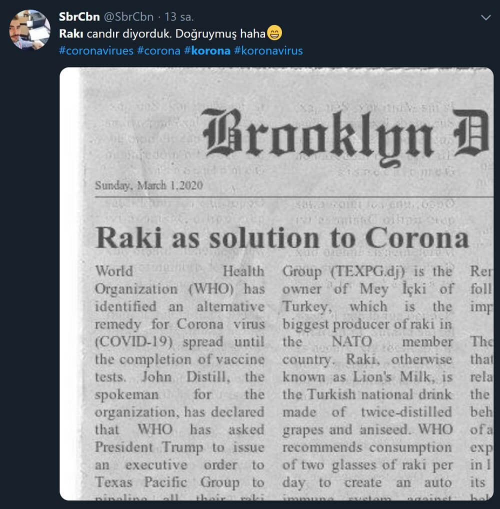 Rakının koronavirüse iyi geldiği iddiasını içeren sahte gazete küpürünü paylaşan tweet
