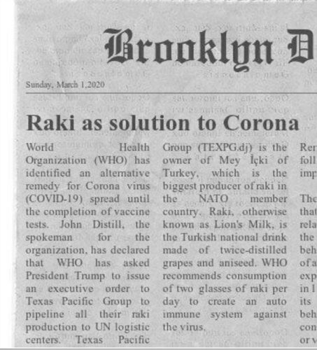 Rakının koronavirüse iyi geldiği iddiasını içeren sahte gazete küpürü