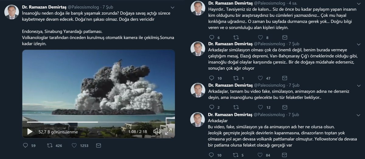 Ramazan Demirtaş'ın Endonezya'daki Sinabung Yanardağı patlamasından olduğu iddiasıyla videoyu paylaştığı tweeti ve ilave açıklama yaptığı paylaşımları