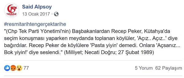 Recep Peker'in halka "açsanız b.k yiyin" dediğini öne süren paylaşım