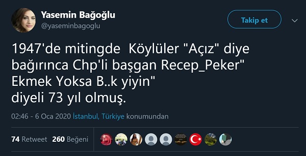 Recep Peker'in halka "ekmek yoksa b.k yiyin" dediğini iddia eden paylaşım