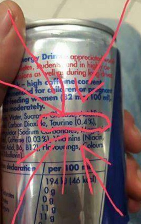 Red Bull'un içindekiler bölümünde "taurin" maddesinin bulunduğu belirtilmektedir