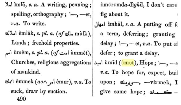 Redhouse'un 1856 yılında yayınlanan İngilizce-Türkçe sözlüğünde umut kelimesinin tanımlandığı görülmektedir.