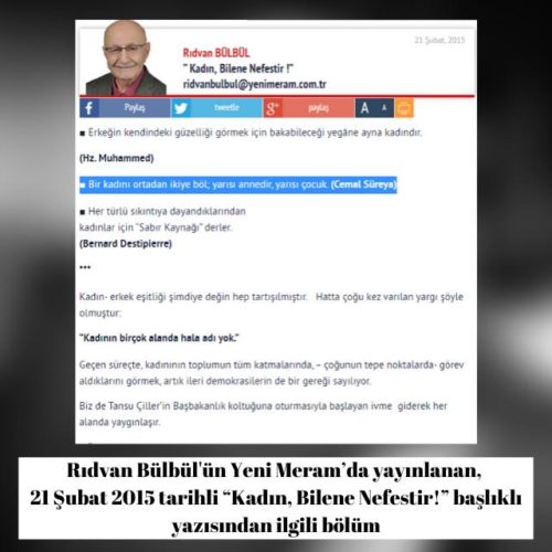 Rıdvan Bülbül'ün Yeni Meram’da yayınlanan 21 Şubat 2015 tarihli “Kadın, Bilene Nefestir!” başlıklı yazısı