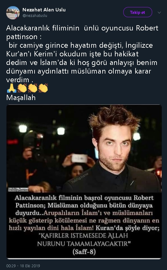 Robert Pattinson'ın Müslüman olduğuna dair yanlış iddiayı paylaşan tweet