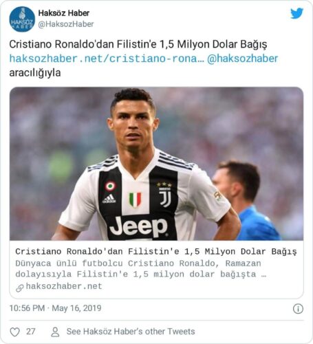 ronaldo filistin bağışı