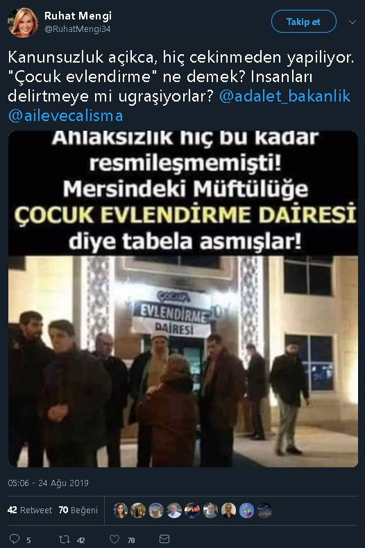 Ruhat Mengi'nin Mersin Müftülüğü'nün kapısına çocuk evlendirme dairesi tabelası astığına dair yanlış iddiayı içeren tweeti