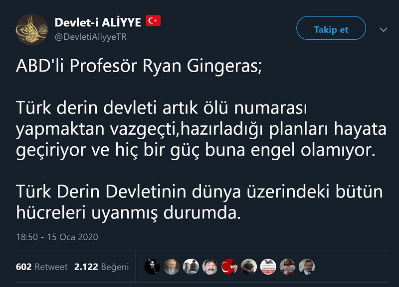 Ryan Gingeras'a atfedilen asılsız sözü paylaşan tweet