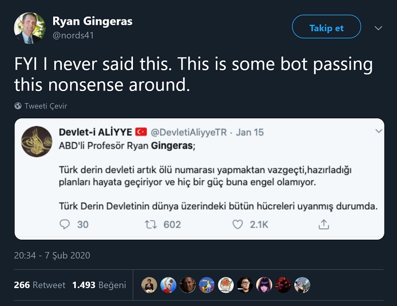Ryan Gingeras'ın Türk derin devleti ile ilgili kendisine atfedilen sözü yalanladığı paylaşımı