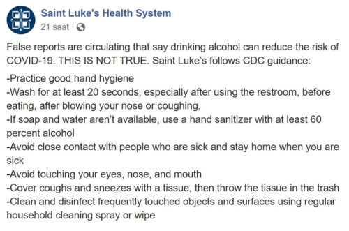 Saint Luke Hastanesi'nin alkolün koronavirüsü durdurduğuna yönelik iddianın asılsız olduğunu duyurduğu paylaşımı