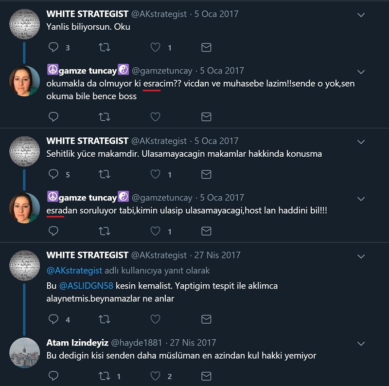 "White Strategist" adlı profilin bahse konu tweetine verilen yanıtlarda kendisine "Esra" adıyla cevap verildiği görülebiliyor