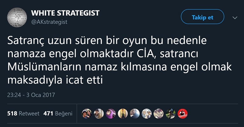 Satrancı CIA'nın bulduğuna yönelik iddiayı ortaya atan Esra Keskin adlı Twitter profilinin daha sonra "White Strategist" adına büründüğü görülüyor