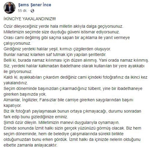 Şems Şener İnce'nin İzmit Belediye Başkanı Fatma Kaplan Hürriyet'in Camiye Ayakkabıyla Girdiği Yönündeki Asılsız İddiasını Sürdürdüğü Paylaşımı