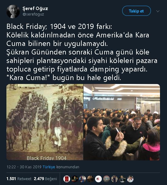 Şeref Oğuz'un Kara Cuma'da satılan kölelere ait iddiasıyla paylaştığı fotoğrafı içeren tweeti