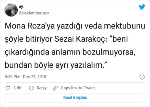 sezai karakoc mona roza veda mektubu