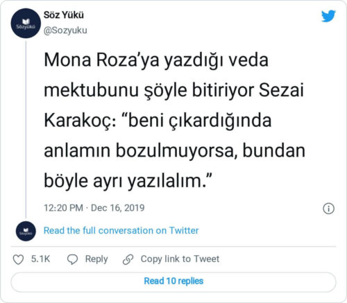 sezai karakoc mona roza veda mektubu