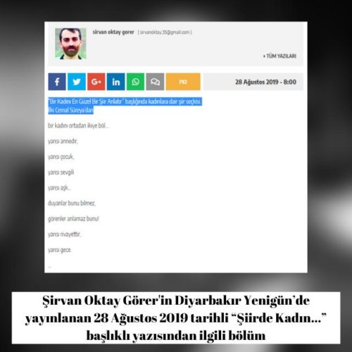 Şirvan Oktay Görer'in Diyarbakır Yenigün’de yayınlanan 28 Ağustos 2019 tarihli “Şiirde Kadın..." başlıklı yazısı