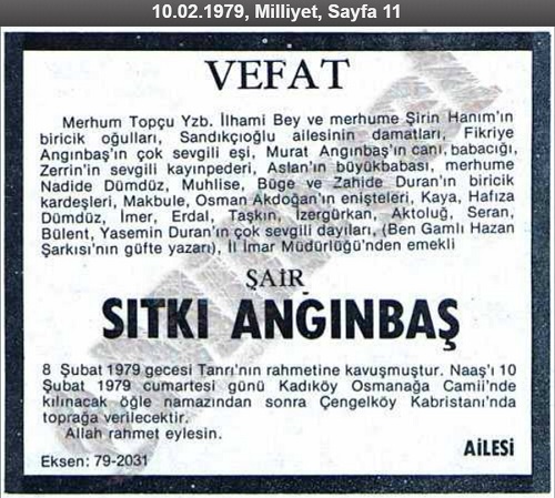 Sıtkı Angınbaş'ın 8 Şubat 1979 tarihinde vefat ettiğine ilişkin ilan