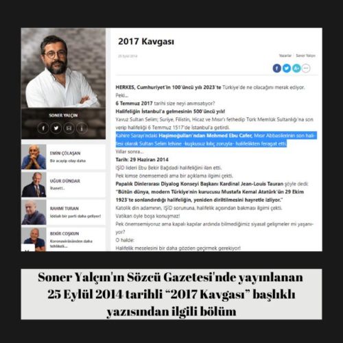 Soner Yalçın'ın Sözcü Gazetesi'ndeki "2017 Kavgası" başlıklı 25 Eylül 2014 tarihli yazısı