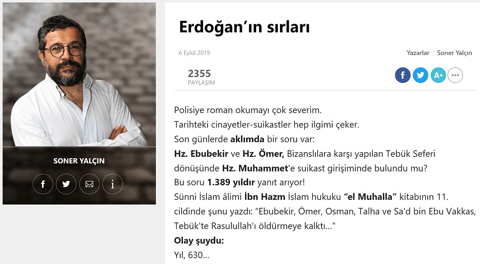 Soner Yalçın'ın Sözcü Gazetesinde "Erdoğan'ın Sırları" başlığıyla 6 Eylül 2019 günü yayınlanan yazısı