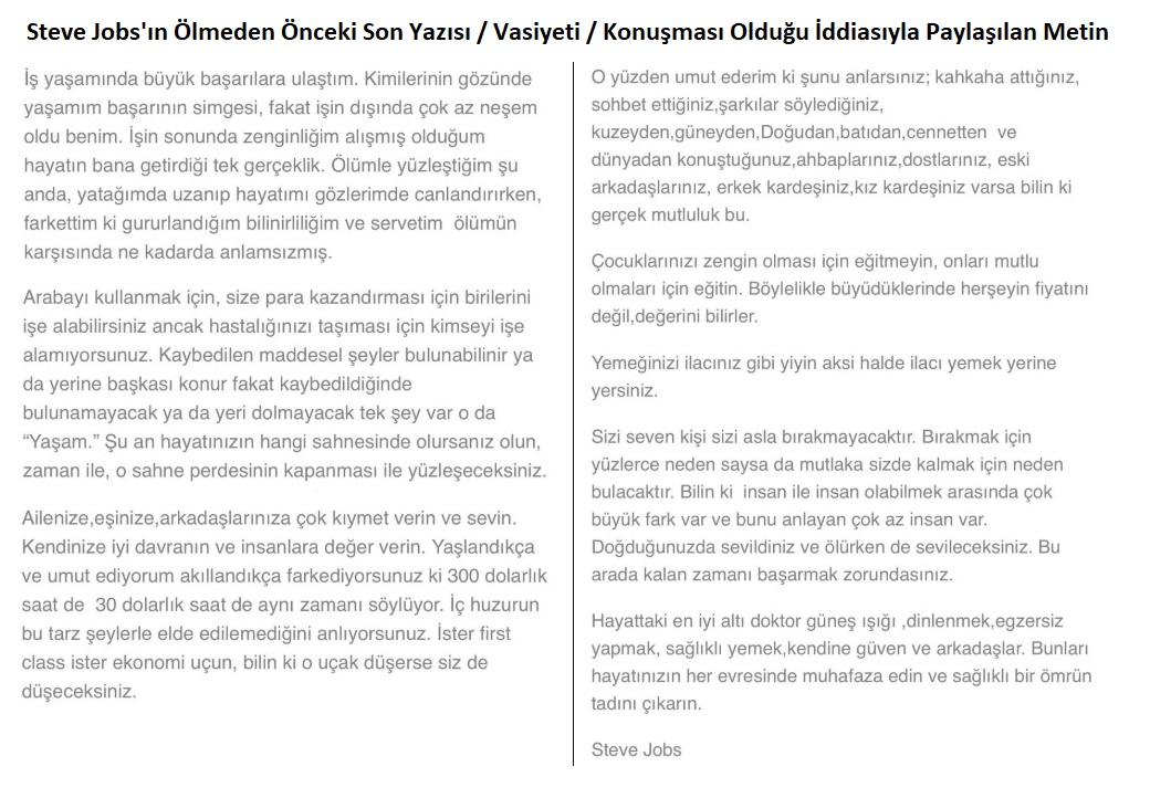 Steve Jobs'ın ölmeden önceki son yazısı olduğu iddiasıyla paylaşılan metin