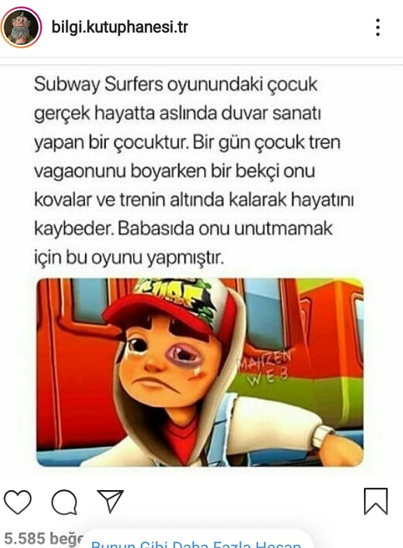 Subway Surfers adlı oyunu bir babanın tren kazasında kaybettiği çocuğunu unutmamak için geliştirdiği iddiasını içeren paylaşım