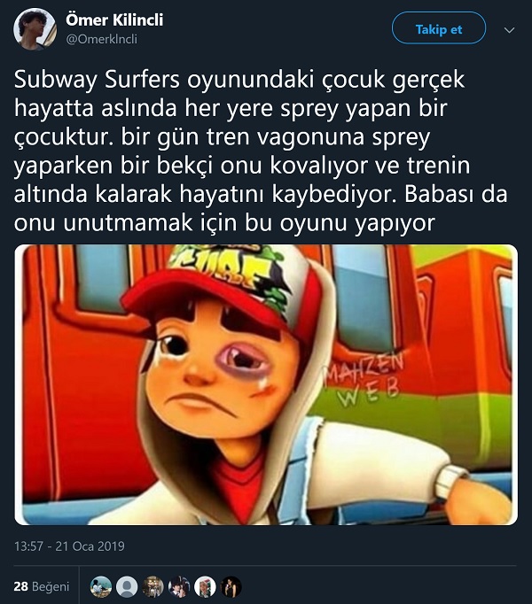 Subway Surfers adlı oyunu bir babanın tren kazasında kaybettiği çocuğunu unutmamak için geliştirdiği iddiasını içeren paylaşım